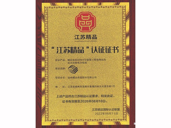“江苏精品”认证证书
